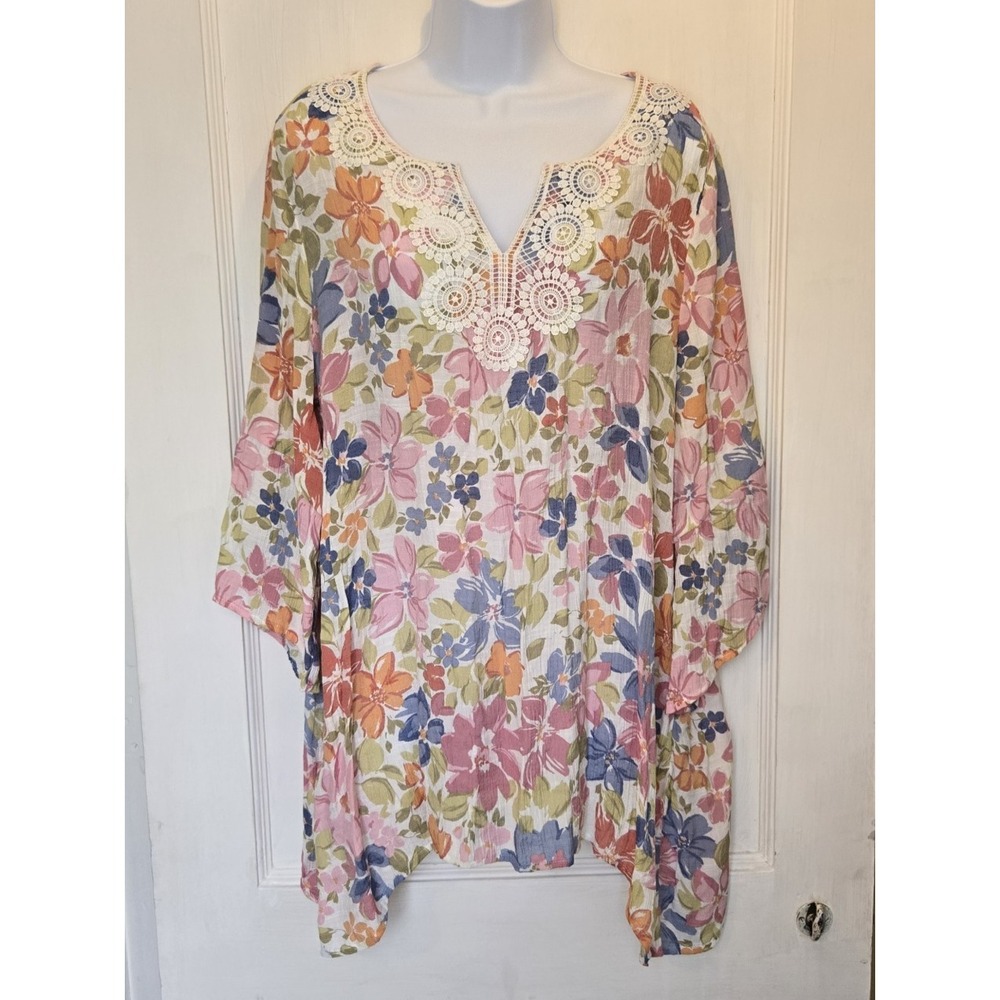 Robert Louis Women's Floral Blouse Crochet Design Collar Neckline‎ Size XL